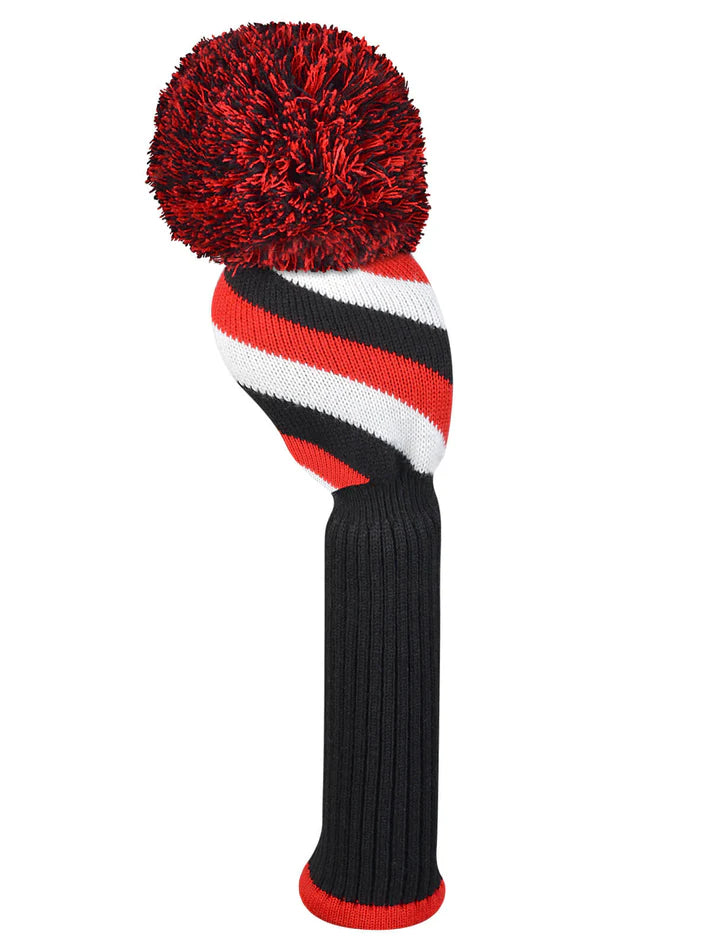 Just4Golf Red/Black Diagonal Stripe Knit Headcovers With Pom