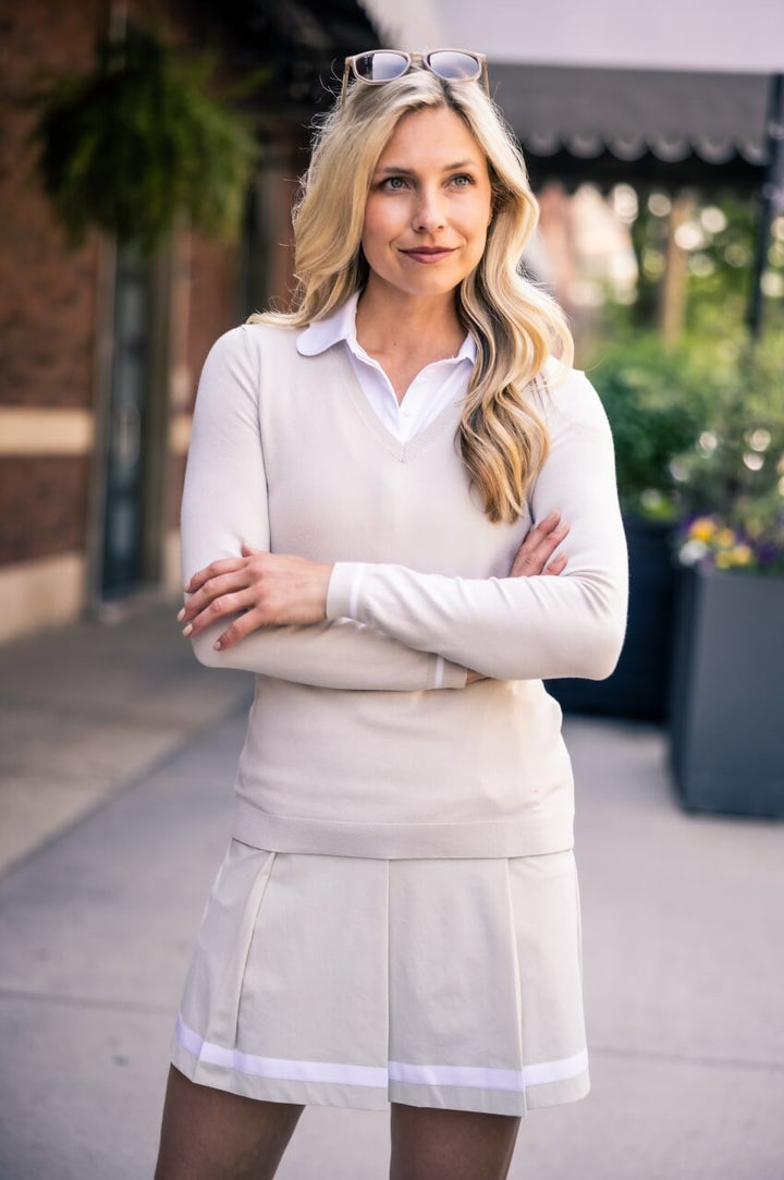 Golftini Khaki/White Stretch V-Neck Sweater